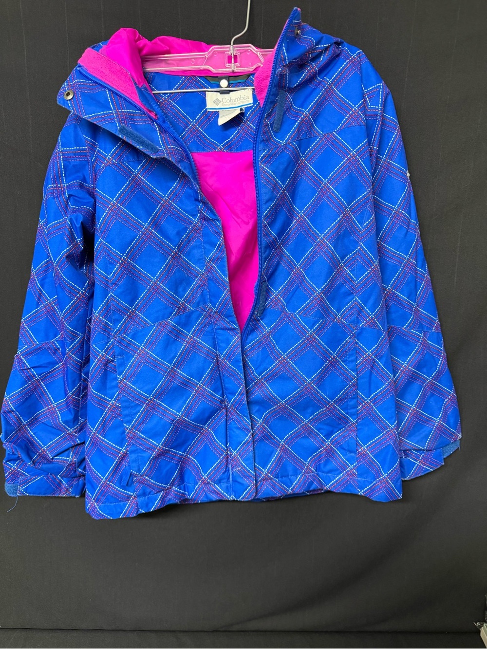 Columbia Interchange Women’s L Blue Pink Plaid Hooded Ski Snow Jacket